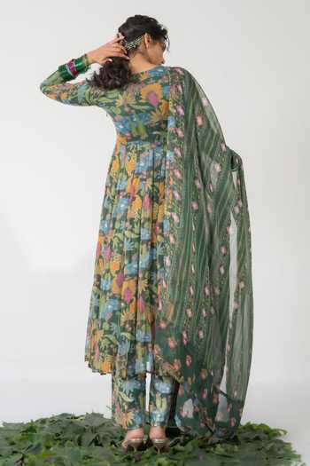 Baise Gaba_Green Chiffon, Lurex, Satin, Modal Embroidery, Vritika Printed Anarkali Set _at_Aza_Fashions