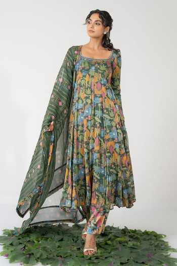 Buy_Baise Gaba_Green Chiffon, Lurex, Satin, Modal Embroidery, Vritika Printed Anarkali Set 