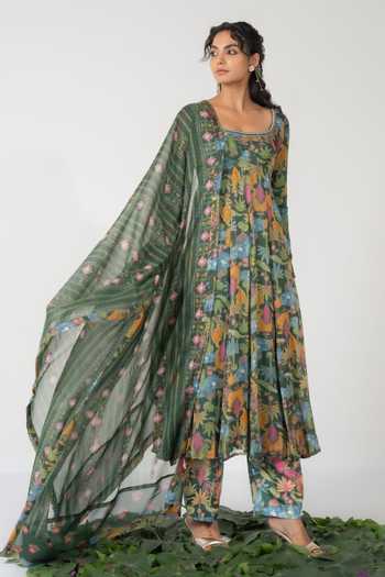 Shop_Baise Gaba_Green Chiffon, Lurex, Satin, Modal Embroidery, Vritika Printed Anarkali Set 