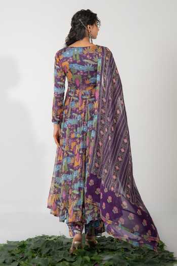 Shop Baise Gaba Purple Chiffon, Satin, Modal, Lurex Embroidery, Beads Zeeva Printed Anarkali Set at Aza Fashions Shop_Baise Gaba_Purple Chiffon, Satin, Modal, Lurex Embroidery, Beads Zeeva Printed Anarkali Set _at_Aza_Fashions