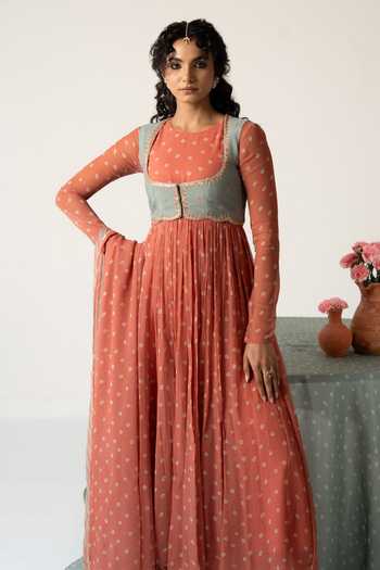 Baise Gaba_Orange Chiffon, Muslin Patchwork Aarohi Bandhej Print Anarkali Set With Jacket _Online_at_Aza_Fashions