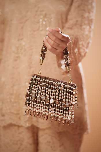 Bijoux By Priya Chandna_White Embroidery, Pearls, Stones, Fringe Smoke Bag _Online_at_Aza_Fashions