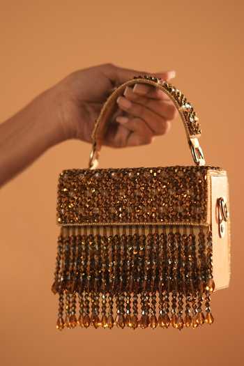 Buy Bijoux By Priya Chandna Gold Embroidery, Beads, Crystals, Fringe Box Mini Clutch Online at Aza Fashions Buy_Bijoux By Priya Chandna_Gold Embroidery, Beads, Crystals, Fringe Box Mini Clutch _Online_at_Aza_Fashions