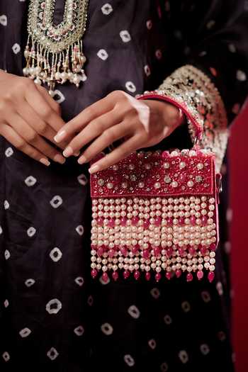 Bijoux By Priya Chandna_Pink Embroidery, Beads, Pearls, Stones, Crystals, Fringe, Rani Mini Clutch _Online_at_Aza_Fashions