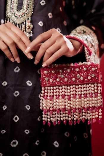 Buy_Bijoux By Priya Chandna_Pink Embroidery, Beads, Pearls, Stones, Crystals, Fringe, Rani Mini Clutch _Online_at_Aza_Fashions