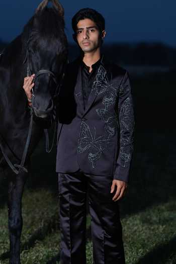 Buy_House Of Koa_Black Satin Embroidery Pappilon Blazer Pant Set _Online_at_Aza_Fashions