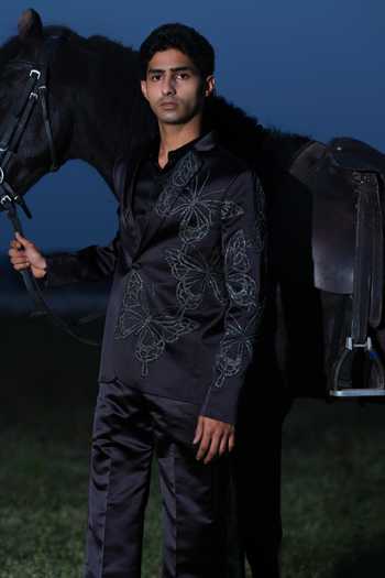 Shop_House Of Koa_Black Satin Embroidery Pappilon Blazer Pant Set _Online_at_Aza_Fashions