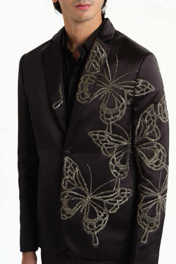 House Of Koa_Black Satin Embroidery Pappilon Blazer Pant Set _at_Aza_Fashions