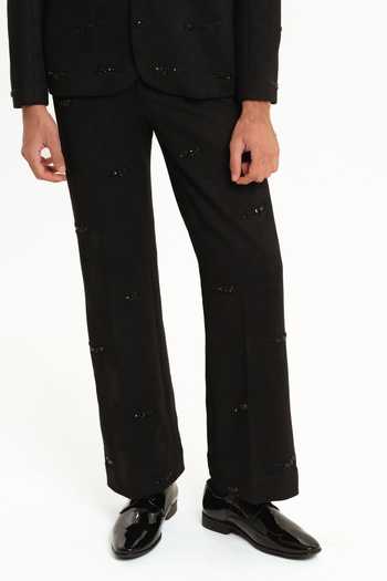 House Of Koa_Black Suede, Satin Embroidery Felix Embellished Blazer Set _Online_at_Aza_Fashions