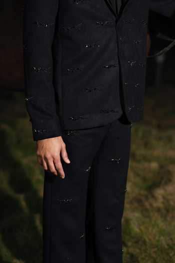 Buy_House Of Koa_Black Suede, Satin Embroidery Felix Embellished Blazer Set _Online_at_Aza_Fashions