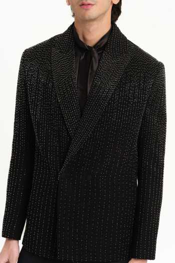 House Of Koa_Black Satin Embroidery Linea Noir Embellished Blazer Set _at_Aza_Fashions