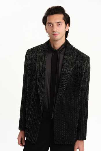 Buy_House Of Koa_Black Satin Embroidery Linea Noir Embellished Blazer Set 