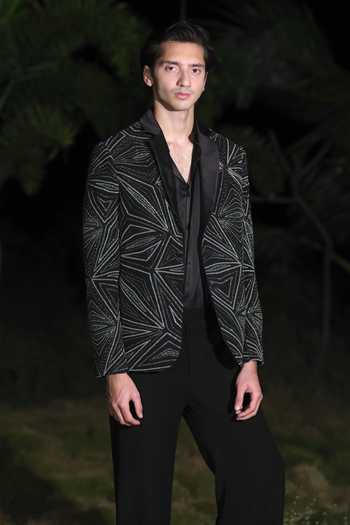 House Of Koa_Black Satin Embroidery Theo Blazer Set _Online_at_Aza_Fashions