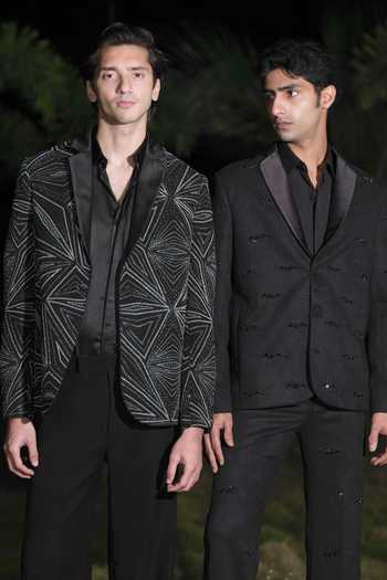 Buy_House Of Koa_Black Satin Embroidery Theo Blazer Set _Online_at_Aza_Fashions
