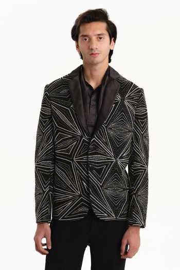Shop_House Of Koa_Black Satin Embroidery Theo Blazer Set _Online_at_Aza_Fashions