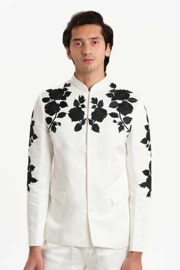 Buy_House Of Koa_Black Satin, Linen Embroidery Noir Rose Pattern Bandhgala Set _Online_at_Aza_Fashions