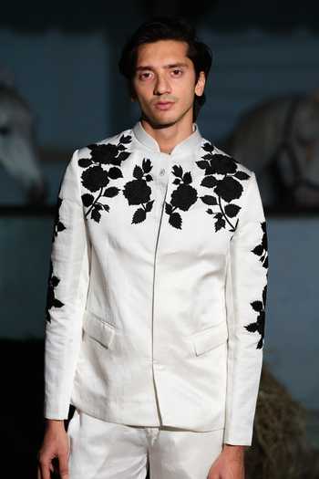 Buy_House Of Koa_Black Satin, Linen Embroidery Noir Rose Pattern Bandhgala Set 