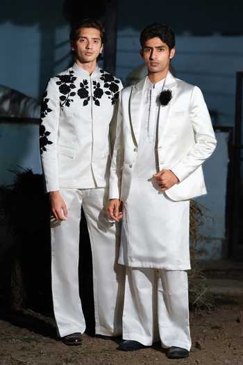 Shop_House Of Koa_Black Satin, Linen Embroidery Noir Rose Pattern Bandhgala Set 