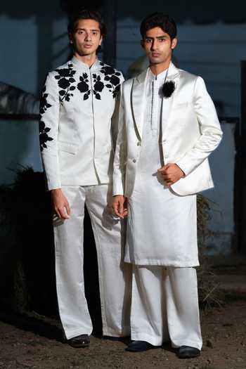 House Of Koa_White Satin, Silk Eon Blazer And Kurta Set _at_Aza_Fashions