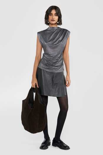 Perona_Black Polyester, Nylon Cowl Neck Giselle Metallic Sheen Stretch Blouse _Online_at_Aza_Fashions