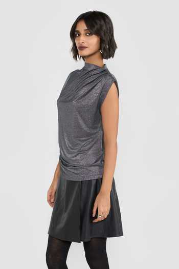 Buy_Perona_Black Polyester, Nylon Cowl Neck Giselle Metallic Sheen Stretch Blouse _Online_at_Aza_Fashions