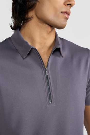 Shop_Perona_Grey Polyester Casper Polo Neck Zipper T-shirt _Online_at_Aza_Fashions