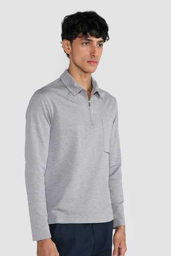 Buy Perona Grey Cotton Tatsuko Polo Long Sleeve T-shirt Online at Aza Fashions Buy_Perona_Grey Cotton Tatsuko Polo Long Sleeve T-shirt _Online_at_Aza_Fashions