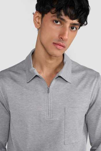 Perona Grey Cotton Tatsuko Polo Long Sleeve T-shirt at Aza Fashions Perona_Grey Cotton Tatsuko Polo Long Sleeve T-shirt _at_Aza_Fashions