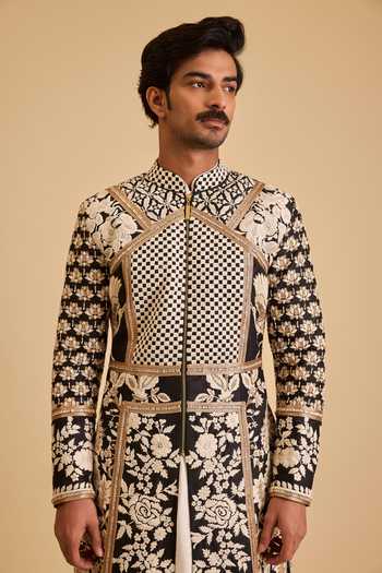 Siddartha Tytler_Black Dupion, Rayon Crystals, Beads, Pearls, Floral Pattern Sherwani Jacket Set _Online_at_Aza_Fashions