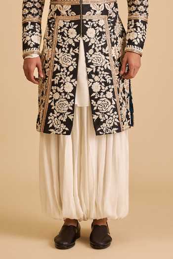 Buy_Siddartha Tytler_Black Dupion, Rayon Crystals, Beads, Pearls, Floral Pattern Sherwani Jacket Set _Online_at_Aza_Fashions
