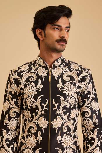 Siddartha Tytler_Black Dupion, Rayon Crystals, Beads, Pearls Gara Work Sherwani Set _Online_at_Aza_Fashions