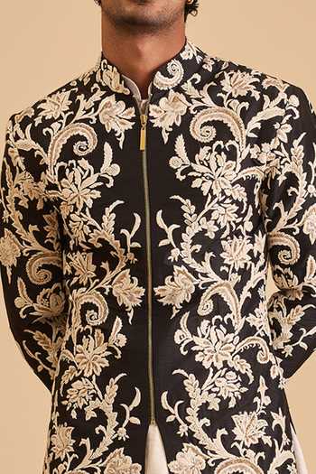 Shop_Siddartha Tytler_Black Dupion, Rayon Crystals, Beads, Pearls Gara Work Sherwani Set _Online_at_Aza_Fashions