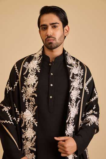 Siddartha Tytler_Black Silk, Linen Embroidery Blended Kurta Set _Online_at_Aza_Fashions