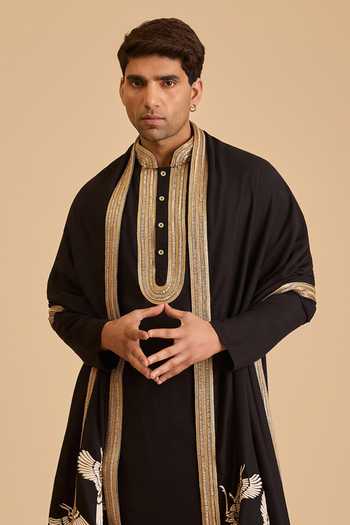 Buy_Siddartha Tytler_Black Linen Crystals, Embroidery, Zari Blended Kurta Set _Online_at_Aza_Fashions