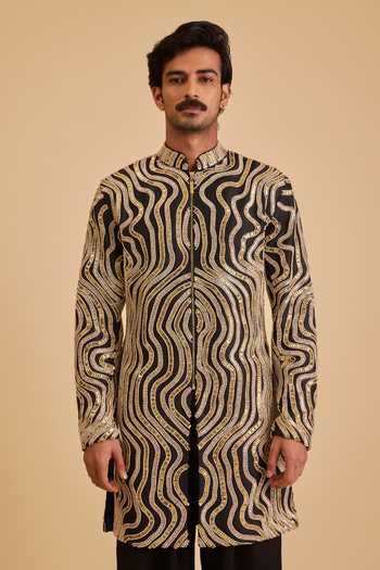 Buy_Siddartha Tytler_Black Silk, Dupion, Microfiber Embroidery, Sequins, Pearls, Sherwani And Pant Set _Online_at_Aza_Fashions