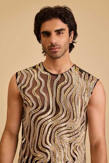 Siddartha Tytler_Black Net Sequins, Pearls, Chains Baguette Embroidered T-shirt _Online_at_Aza_Fashions