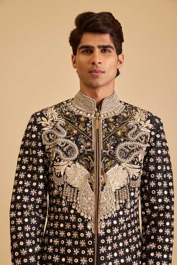 Buy Siddartha Tytler Black Dupion, Rayon Mirrors, Zari, Miraas Embroidered Sherwani And Draped Pant Set Online at Aza Fashions Buy_Siddartha Tytler_Black Dupion, Rayon Mirrors, Zari, Miraas Embroidered Sherwani And Draped Pant Set _Online_at_Aza_Fashions