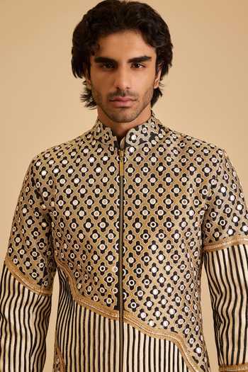 Buy_Siddartha Tytler_Black Rayon, Dupion Mirrors, Crystals Work Mosaic Sherwani Jacket And Pant Set _Online_at_Aza_Fashions