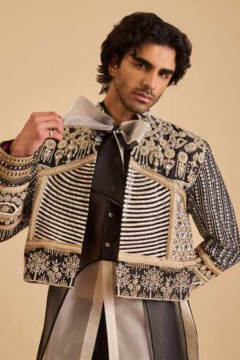 Siddartha Tytler_Black Dupion Zari, Embroidery Window Cropped Jacket _Online_at_Aza_Fashions