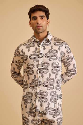 Siddartha Tytler_Black Satin Snake Print Shirt And Pant Set _Online_at_Aza_Fashions