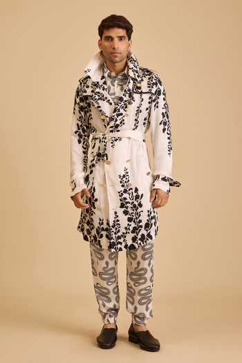 Siddartha Tytler_Black Satin Vine Print Trench Jacket _Online_at_Aza_Fashions