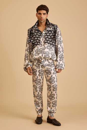 Siddartha Tytler_Black Satin Snake And Lotus Print Jacket _Online_at_Aza_Fashions