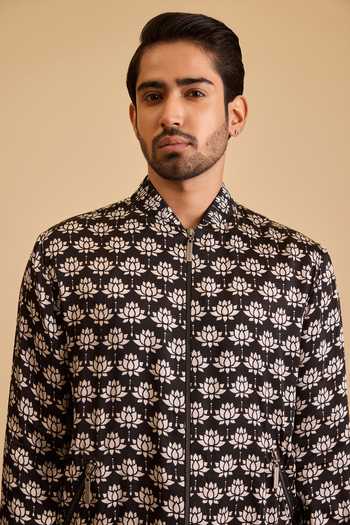 Siddartha Tytler Black Satin Lotus Print Jacket And Joggers Set Online at Aza Fashions Siddartha Tytler_Black Satin Lotus Print Jacket And Joggers Set _Online_at_Aza_Fashions