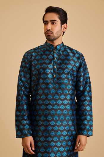 Siddartha Tytler_Blue Silk Lotus Print Kurta _Online_at_Aza_Fashions