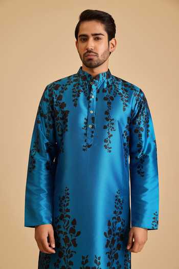Siddartha Tytler_Blue Silk Vine Print Kurta _Online_at_Aza_Fashions