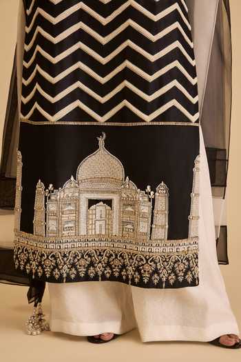 Siddartha Tytler_Black Dupion, Satin, Organza Embroidery, Sequins, Chevron Pattern Kurta Set _Online_at_Aza_Fashions