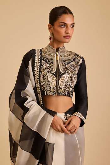 Siddartha Tytler_Black Dupion, Organza Embroidery, Crystals Butterfly Yoke Blouse And Saree Set _Online_at_Aza_Fashions