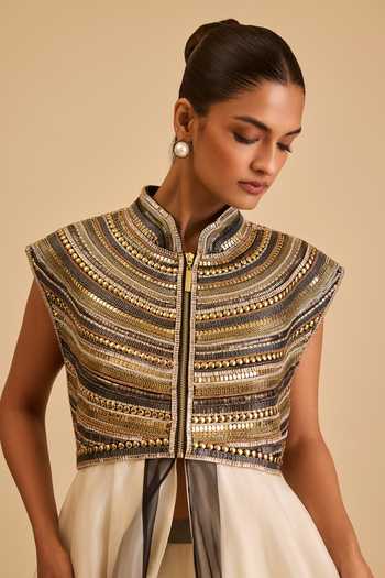 Siddartha Tytler_Black Organza Crystals, Metallic Thread Mandarin Engineered Panelled Anarkali _Online_at_Aza_Fashions