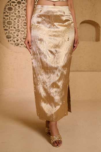 Buy_Vedangi Agarwal_Gold Brocade Embroidery Sweetheart Neck Top And Skirt Set _Online_at_Aza_Fashions