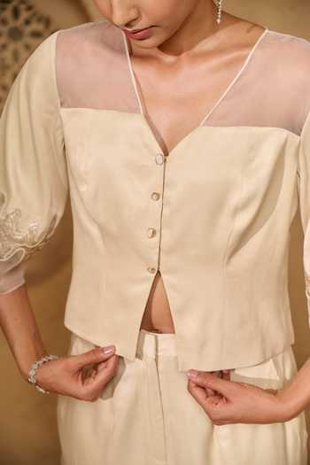 Buy_Vedangi Agarwal_Ivory Organza, Satin Cut Work V-neck Floral Sleeve Embroidered Top And Pant Set _Online_at_Aza_Fashions
